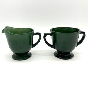 Vintage Creamer Sugar Bowl Set Dark Green Glass Footed Double Handle Christmas